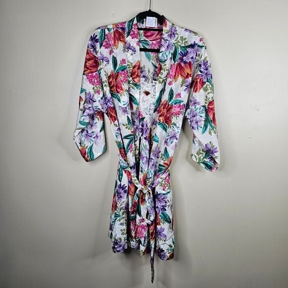 California Dynasty vintage floral & lace nightgown & robe set size L - Picture 1 of 13